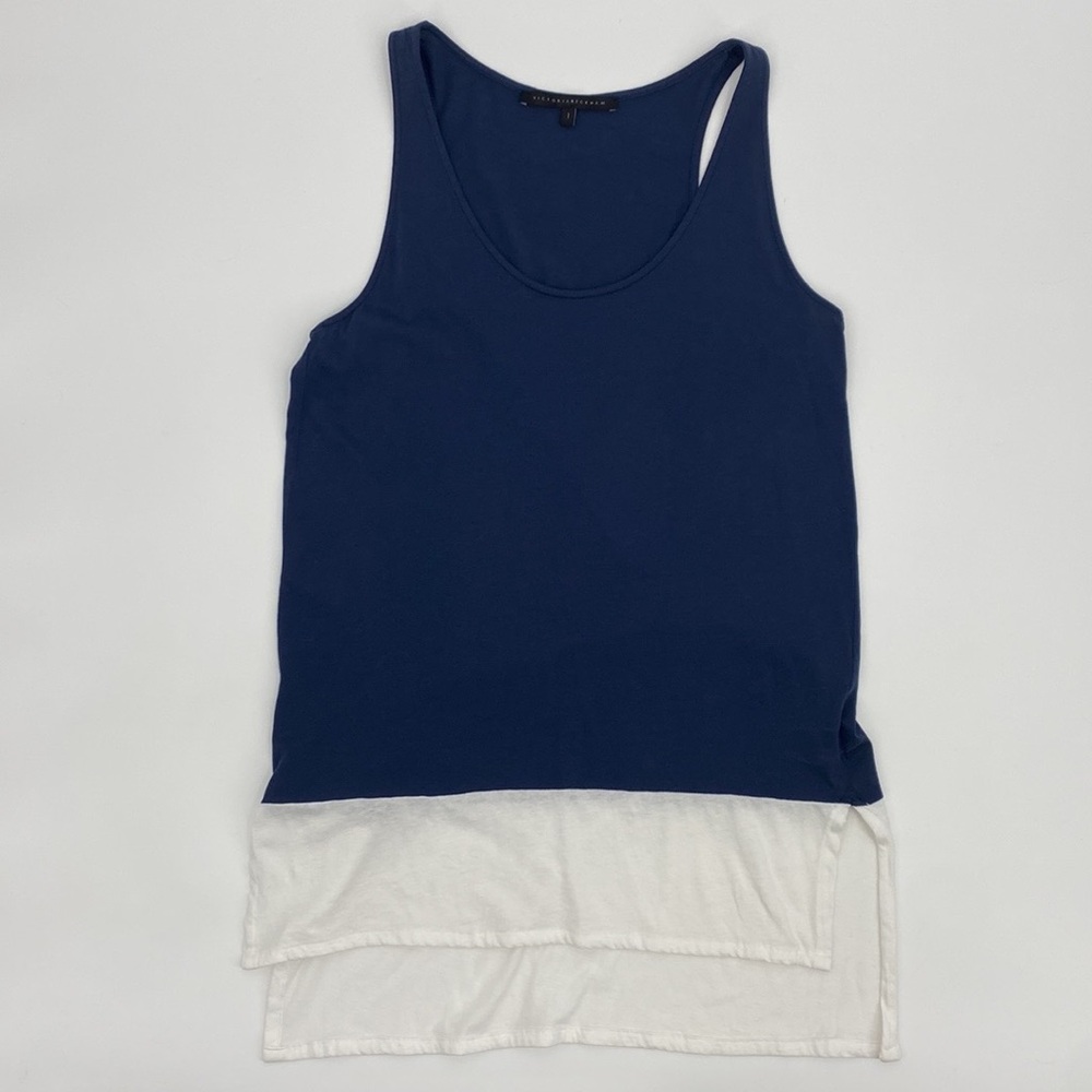VICTORIA BECKHAM Navy White High Low Cotton Tank Top